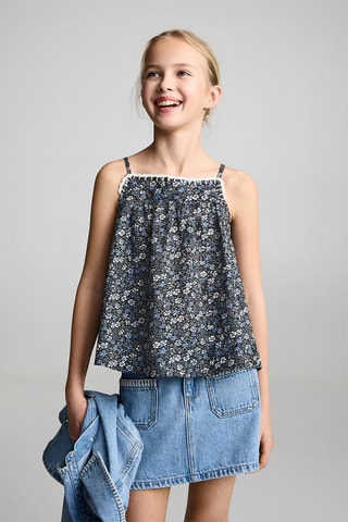 Blouse brodée fleurs - Bleu