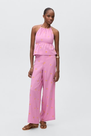 Pantalon style jupe-culotte broderie - Rose