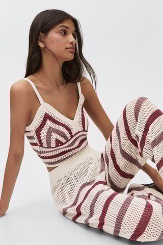 Pantalon en maille ajourée à rayures - Blanc cassé