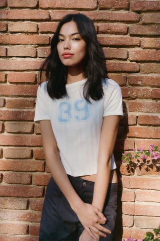 T-shirt manches courtes crop - Blanc cassé