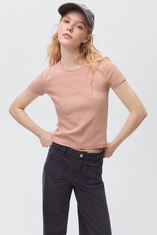 T-shirt crop maille côtelée - Rose clair