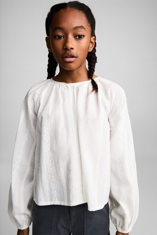 Blouse coton détails brodés - Blanc