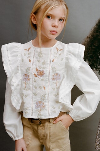 Blouse brodée fleurs - Blanc