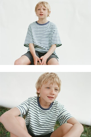 T-shirt à rayures col contrastant - Vert pastel