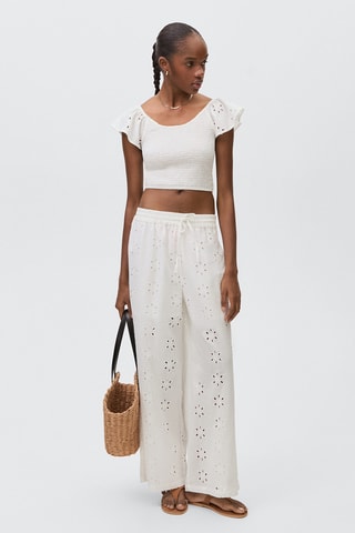 Pantalon droit brodé - Blanc cassé