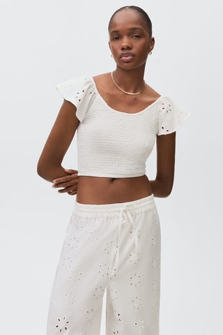 Pantalon droit brodé - Blanc cassé