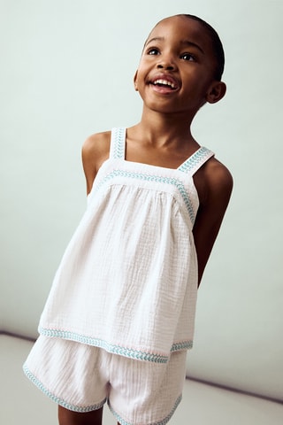 Blouse plissée à broderie - Blanc