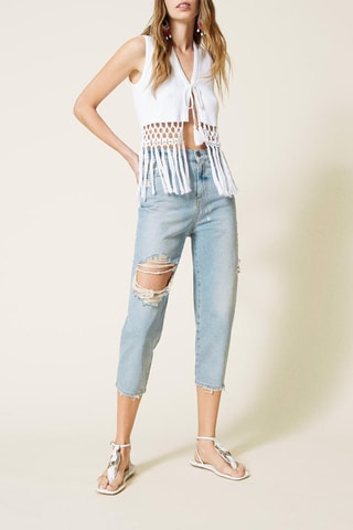 Pantalón pirata vaquero de tiro alto - Celeste