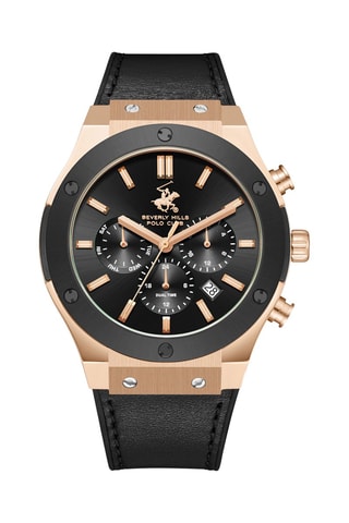 leer en keramisch Quartz Horloge- GMT-functie. Zwart en Roségoudkleurig