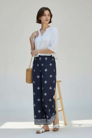 Pantalon large en lin - Bleu marine