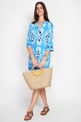 Robe midi en lin - Blanc, noir et bleu