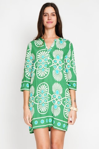 Robe midi en lin - Blanc, bleu et vert