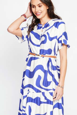 Robe midi en lin - Blanc et bleu