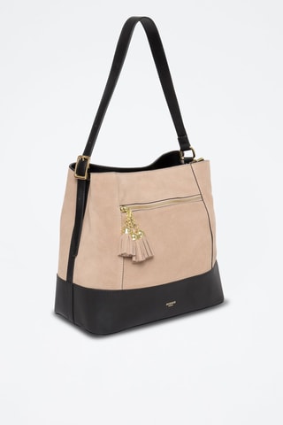 Mala de ombro em couro fendido Cosmo - Bege e preto