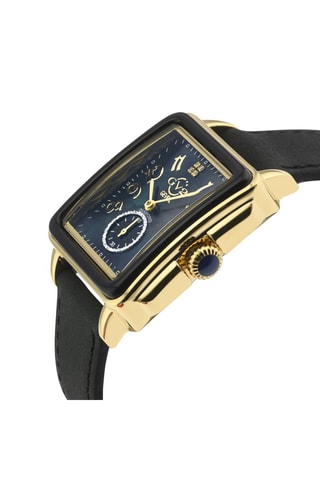 Montre à quartz en cuir, plaqué ion or jaune et diamants Bari - Noir et doré