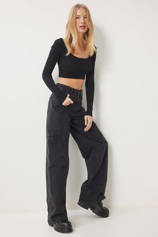 Jean cargo taille haute - Noir