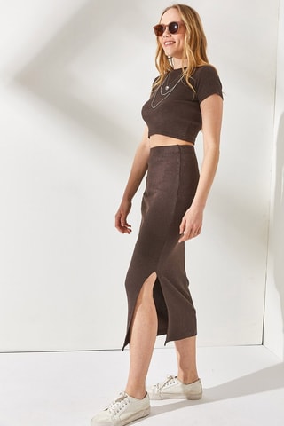 Crop top et jupe droite taille haute - Marron