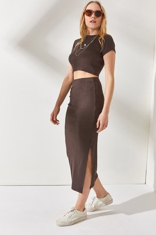 Crop top et jupe droite taille haute - Marron