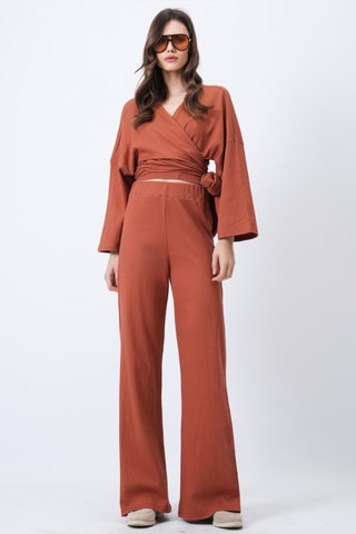 Blouse portefeuille et pantalon taille haute - Rouge brique