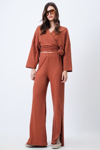 Blouse portefeuille et pantalon taille haute - Rouge brique