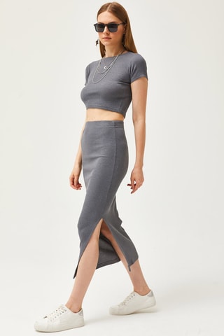 Crop top et jupe fourreau - Gris chiné