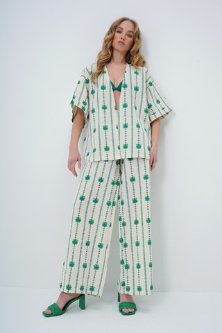 Kimono et pantalon palazzo taille haute - Vert