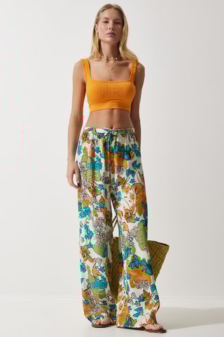 Pantalon palazzo - Ecru et turquoise