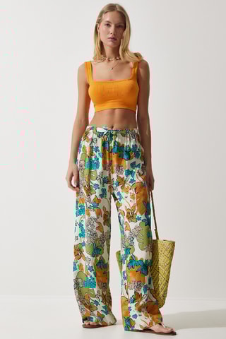 Pantalon palazzo - Ecru et turquoise