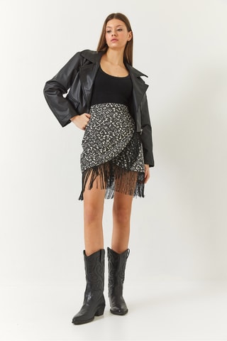 Jupe portefeuille taille haute - Anthracite et blanc