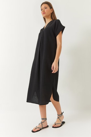 Robe midi en lin - Noir