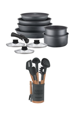 10-Delige Pannenset en 9 Acaciahouten en Silicone Keukenaccessoires