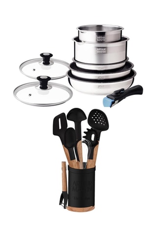 Roestvrijstalen Pannenset 8-Delig en 9 Acaciahouten en Silicone Keukenaccessoires