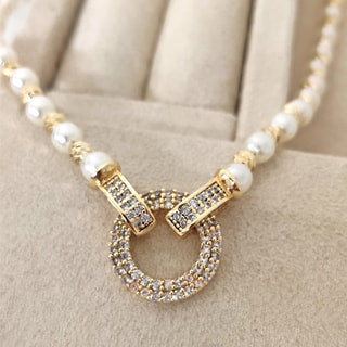 Ketting - Messing Doublé Goud, Parels & Zirkonia