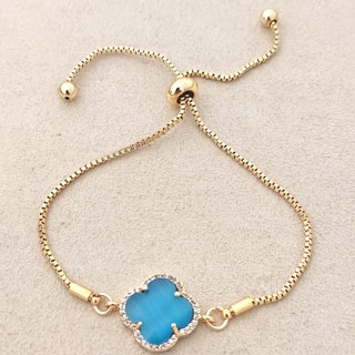 Armband Klaver - Messing doublé Goud, Kattenogen & Zirkonia - Blauw