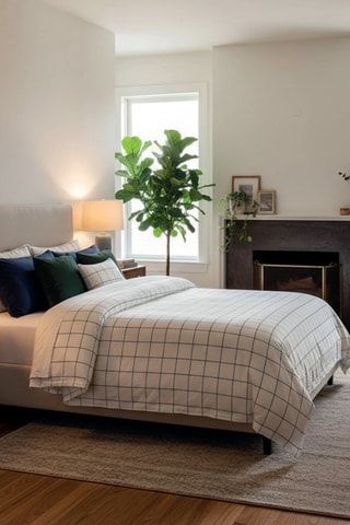 Parure de couette en satin de coton 80 fils/cm² Carreaux minimalistes - Blanc et bleu cobalt