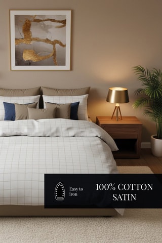 Parure de couette en satin de coton 80 fils/cm² Carreaux minimalistes - Blanc et taupe