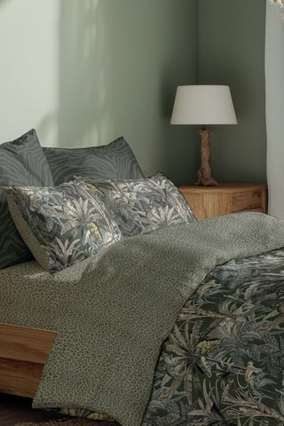 Parure de couette en satin de coton 80 fils/cm² Safari Botanique - Kaki et ciel