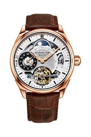 Relógio automático em couro Presidia - Função GMT - Castanho e dourado-rosa