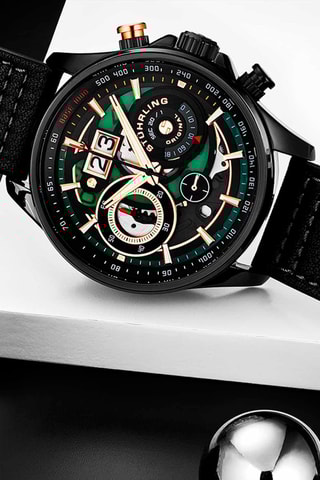 Relógio de quartzo em couro Aviator - Cronógrafo e taquímetro - Preto e verde