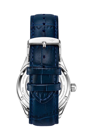 Relógio automático em couro Legacy Stührling - Função GMT e indicadores das fases da lua - Azul-marinho e prateado