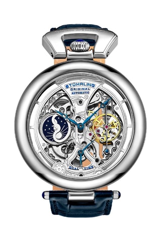 Relógio automático em couro Legacy - Indicador das fases da lua e função GMT - Azul e prateado