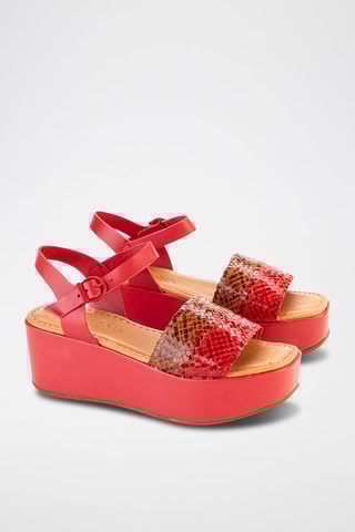Sandales compensées en cuir - Rouge et marron