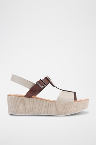 Sandales compensées en cuir Manila - Ecru et marron foncé