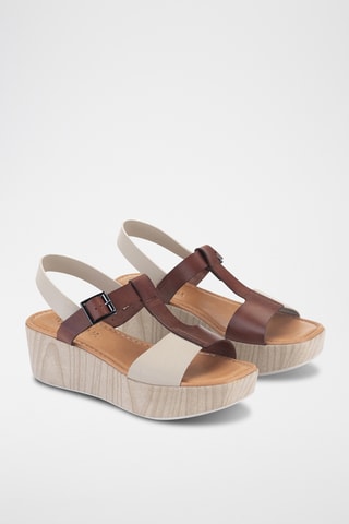 Sandales compensées en cuir Manila - Ecru et marron foncé