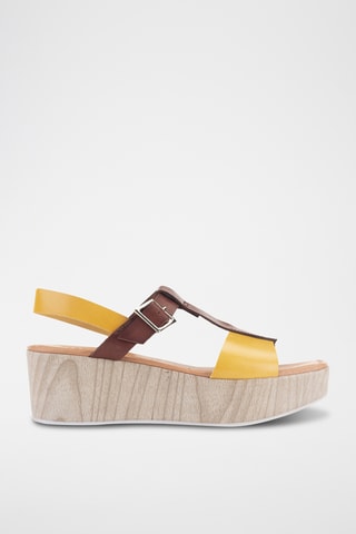 Sandales compensées en cuir Manila - Jaune et marron foncé