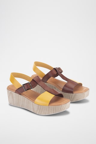 Sandales compensées en cuir Manila - Jaune et marron foncé
