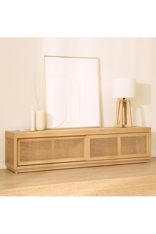 Móvel de TV de 2 portas em madeira de sungkai e vime - 180 x 45,5 x 40 cm