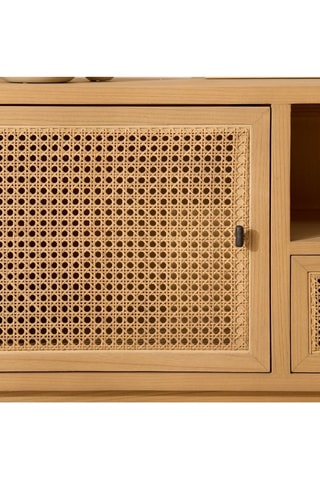 Móvel de TV de 1 porta em madeira de sungkai e vime - 170 x 56,6 x 40 cm