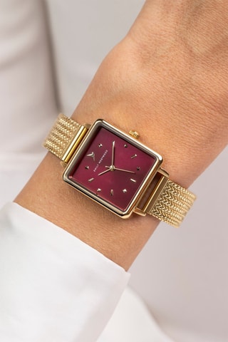 Stalen Quartz Horloge - Goudkleurig en Bordeauxrood - Emily Westwood