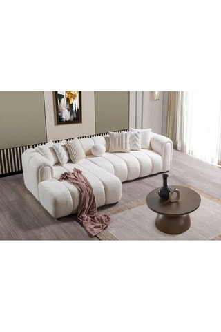 Canapé d'angle gauche - Blanc - 4 ou 5 places - En tissu bouclette - 265 x 185 x 95 cm